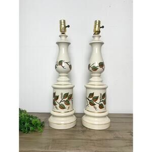 Pair of Vintage Hand-Painted Ceramic Lamps with Leaf Design 21” Tall
